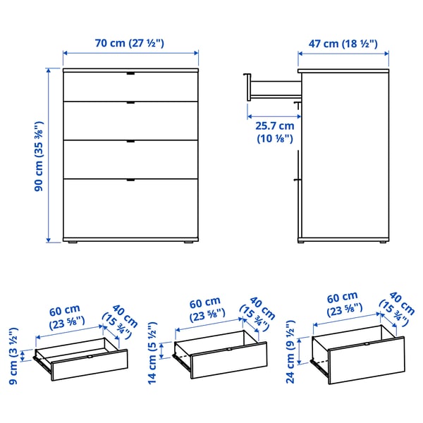 VIHALS ヴィーハルス チェスト(引き出し×4), ホワイト/転倒防止機能付き, 70x47x90 cm