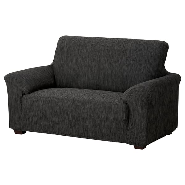 Dark grey, recycled polyester sofa with smooth edges and tailored design.