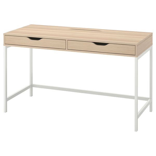 An ALEX desk with a light oak finish and white metal frame. It has two drawers and a spacious top surface, combining style and functionality.