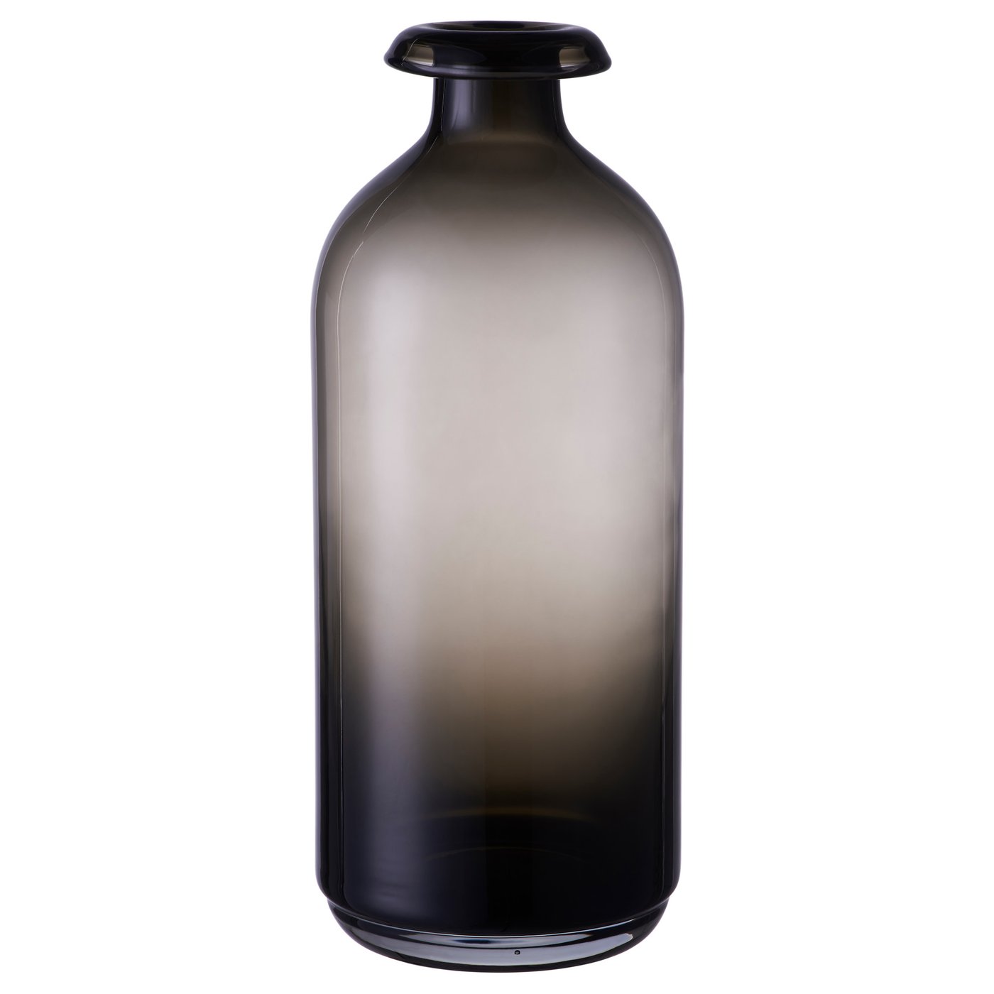 ÅTGÅNG glass vase, dark smoky hue, cylindrical shape with narrow neck, mouth-blown craftsmanship.