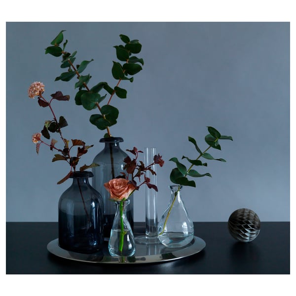 ÅTGÅNG glass vase set, clear & blue, round & narrow, simple modern design, two flowers, grey background.