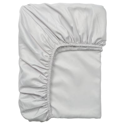 BÄRGLIM grey fitted sheet, soft recycled polyester, rectangular, gathered elastic edges.