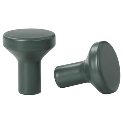 Two grey BAGGANÄS knobs, smooth and rounded, with a modern design, made of coated steel.