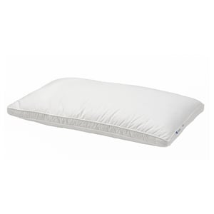 A white BERGVEN pillow with soft, raised edges, filled with down and feathers for comfort and support.
