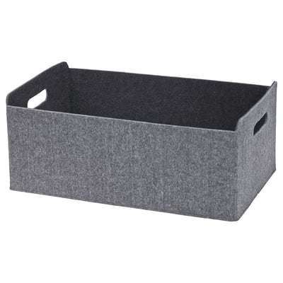 Grey rectangular felt storage box with cut-out handles, ideal for organising and protecting items.