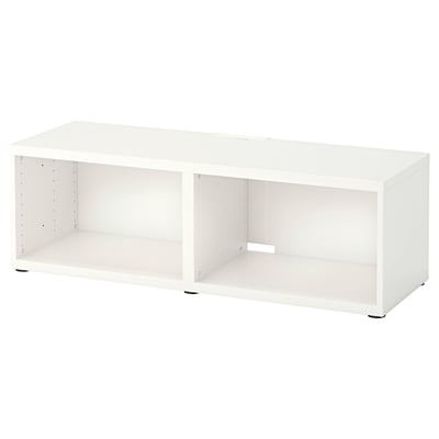 A white BESTÅ tv stand. Its rectangular, open-fronted with adjustable feet, designed for wall-mounting or floor use.