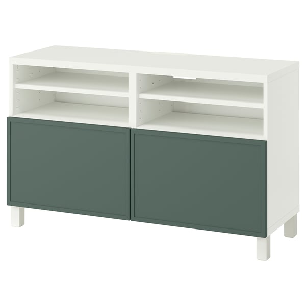 BESTÅ TV bench with doors, white/Krukmakare dark grey-green, 120x42x74 cm
