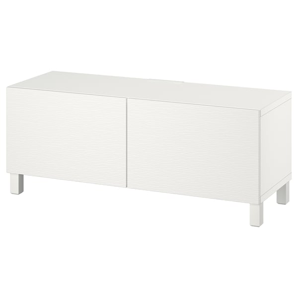 White BESTÅ tv bench, rectangular, two doors, minimalist design, wood material.