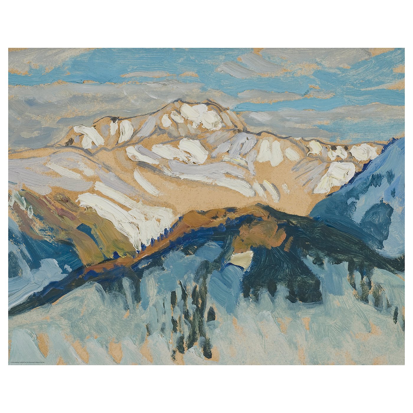 BILD painting, depicting snowy mountains under blue sky. Colours: blue, white, beige. Material: paper. Style: impressionistic.
