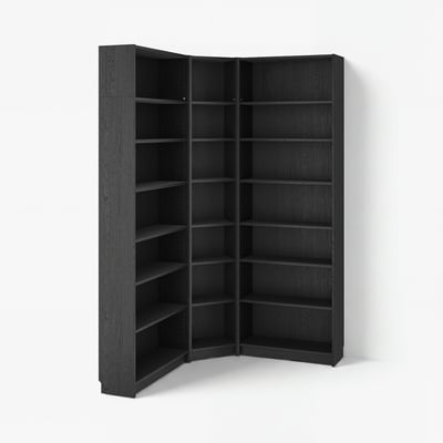 Black BILLY bookshelf, an empty wooden corner unit with multiple shelves, modern and minimalistic design.