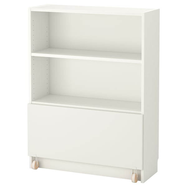 White BILLY bookcase with two open shelves and a drawer on castors. Modern and minimalist design.
