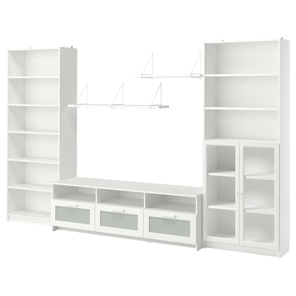 BILLY organiser set: bookcases, tv bench, glass cabinet, shelves. Modern, clean, adjustable storage.