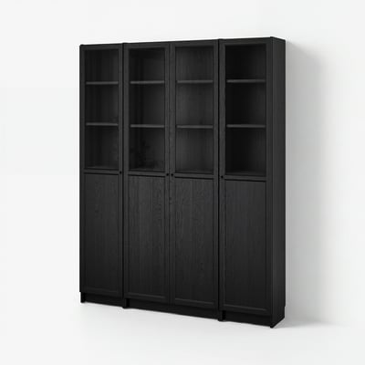 Black wooden bookcase with glass doors: BILLY by IKEA. Modern, sleek design, ideal for storage and display.