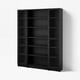 Black wooden BILLY bookcase with glass doors, shallow shelves, and a simple design.