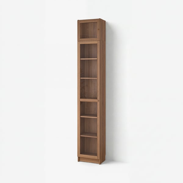 Tall wooden BILLY bookcase with six shelves; sleek, modern, and versatile for various storage needs.