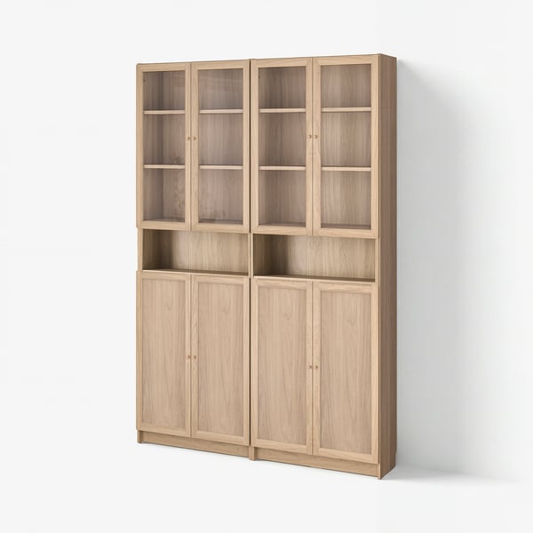 BILLY bookcase. Light brown wood, 8 doors, rectangular shape.