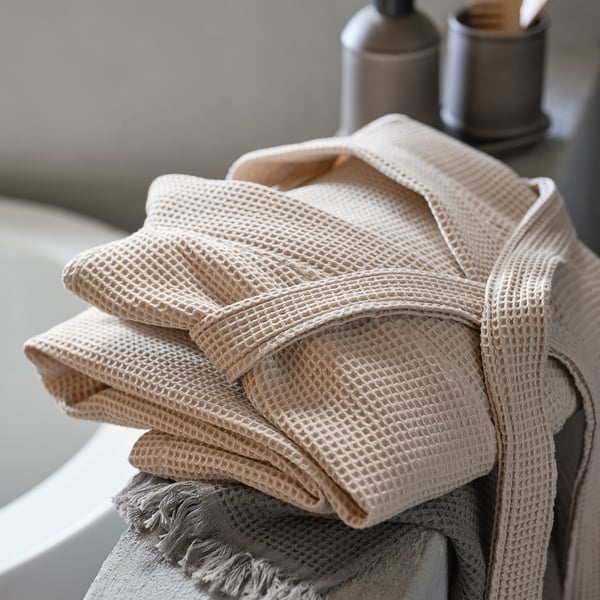 BJÄLVEN bathrobe - beige, stacked waffle texture, soft blend of cotton and viscose, lightweight for cosy comfort.