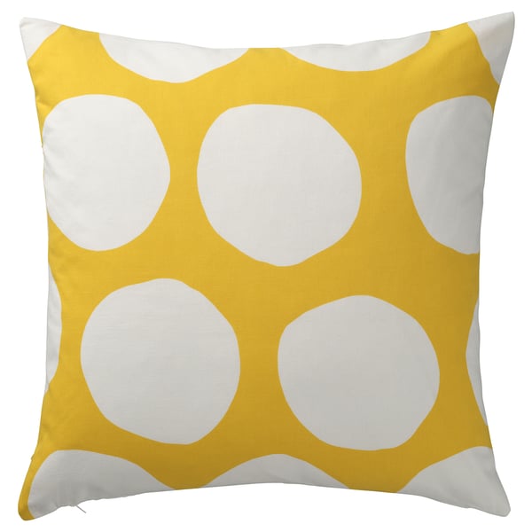 Yellow square pillow with large white circles, cotton fabric.