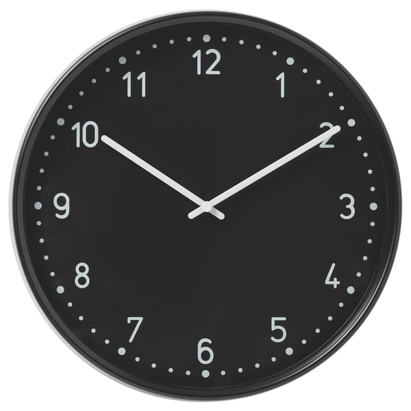 A silent round black BONDIS wall clock with white numbers and hands.