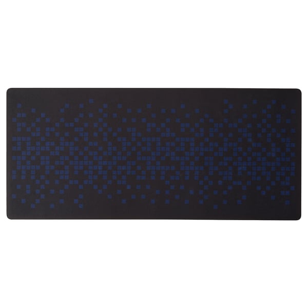 Black rectangular gaming mouse pad with blue pixel pattern, smooth surface, and non-slip rubber base.