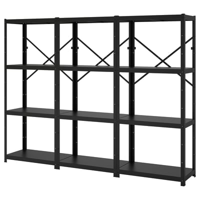 Black, metallic storage shelving unit with multiple open sections.