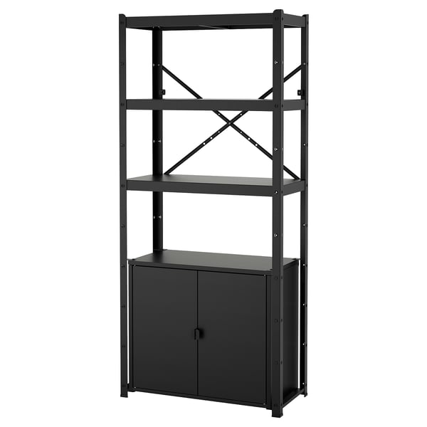 A black BROR storage rack with metal framework and adjustable shelves, designed for heavy-duty use.