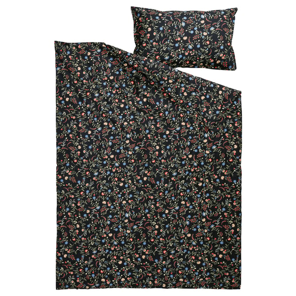 Floral black duvet set, 100% organic cotton, free-flowing design.