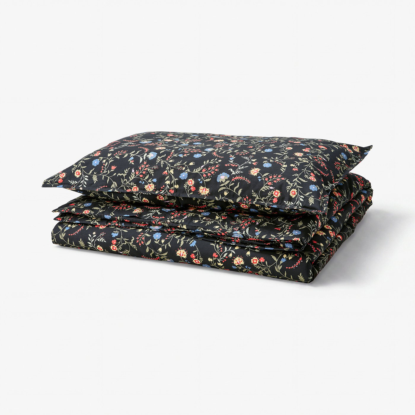 Black duvet cover set, BRUDKRUSBÄR, floral pattern, 100% organic cotton, neatly folded.