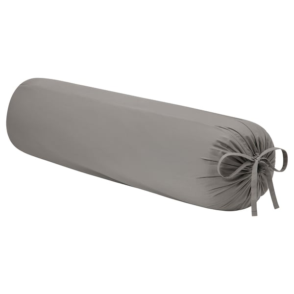 Grey cylindrical bolster pillow, soft fabric, tied ends.