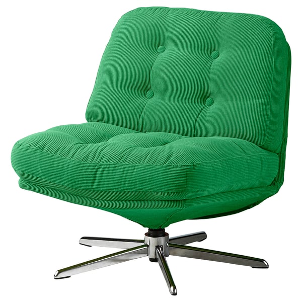 Green DYVLINGE swivel armchair with cushioned seat, five-star legs.