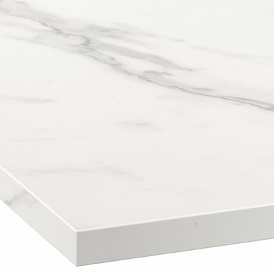 Close-up of sleek, smooth, white EKBACKEN laminate countertop with subtle veining and straight edge.