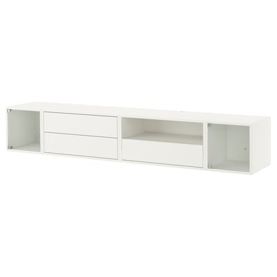 A white EKET storage unit with glass doors. It has a rectangular shape with open spaces.
