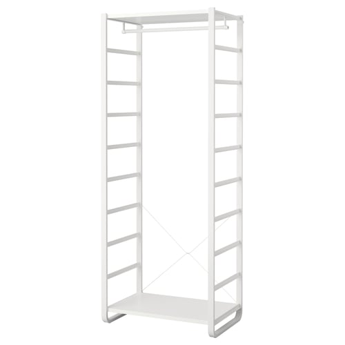 ELVARLI white closet system, modular, adjustable shelves, sleek metal design.