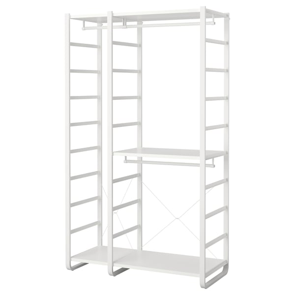 ELVARLI white storage unit. Modern, open design. Aluminium and steel. Multiple shelves and rails.