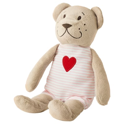 F abiotic bear fabler bjorn is beige, soft, and huggable with a striped outfit and red heart.