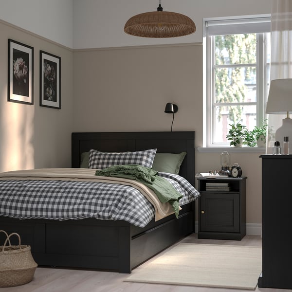 FÅGELFJÄLLET Bed frame with 2 storage boxes, black oak effect/Luröy, 120x200 cm