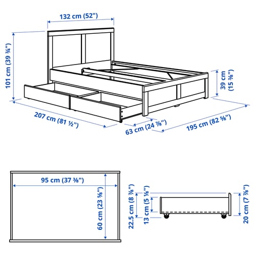 FÅGELFJÄLLET Bed frame with 2 storage boxes, black oak effect/Luröy, 120x200 cm