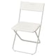 A white foldable chair named FEJAN. Its minimalist design a powder-coated steel frame, plastic seat and back, ideal for small spaces.