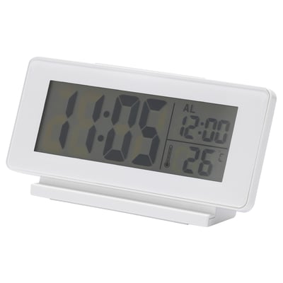 A white FILMIS led alarm clock with a rectangular design, displaying time 11:05, alarm set for 12:00, and temperature 25°c.