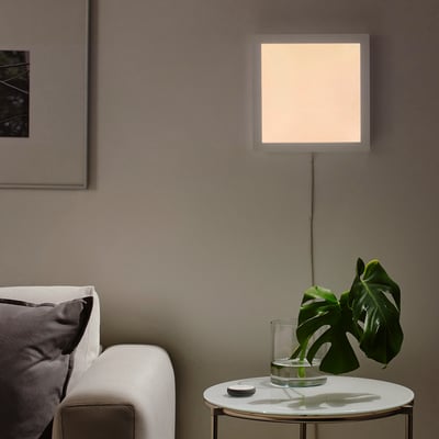 Modern living room with smart led light panel, plant, and remote.