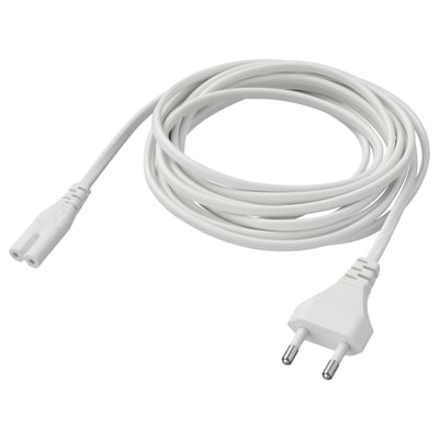 A white FÖRNIMMA power cord for connecting lamps. It a european plug and a flat connector, made of pvc plastic.