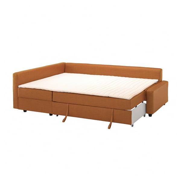 An orange FRIHETEN convertible sofa-bed with a white mattress. It sleek lines and built-in storage.
