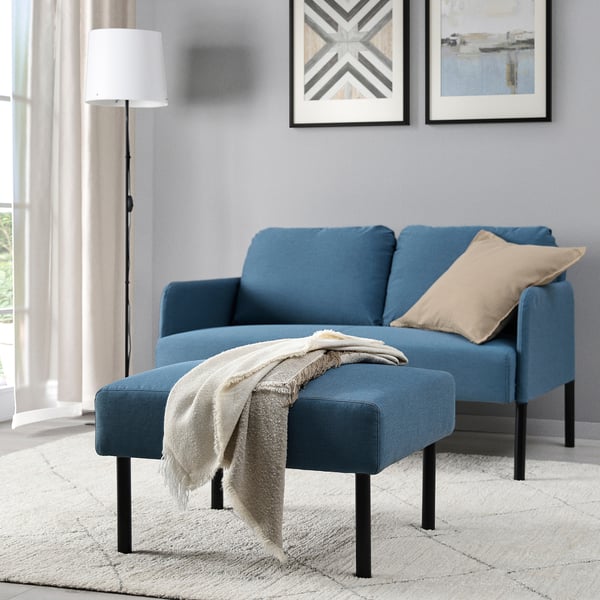 Blue GLOSTAD sofa & stool, modern design, cosy & inviting, compact yet comfy.