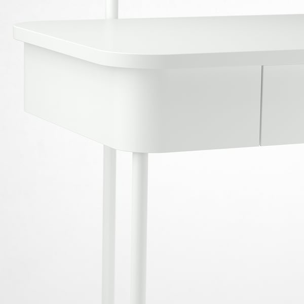 Modern white dressing table with sleek rounded edges and adjustable metal feet for stability.
