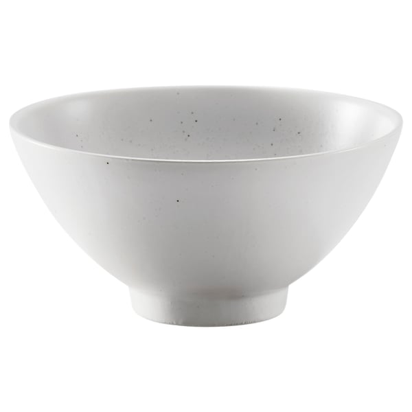 Small, white porcelain bowl, slightly textured with speckles, lightweight and stackable, elegant and simple design.