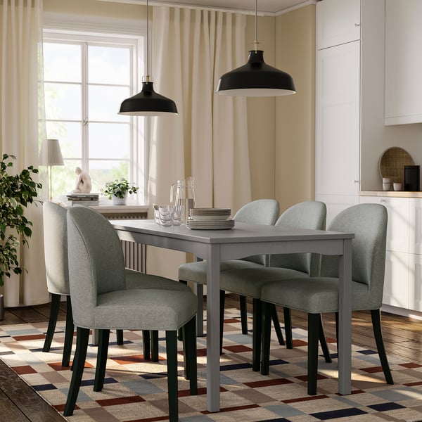 HAUGA / ROSENTORP Table and 6 chairs, grey birch veneer/Tibbleby beige/grey black, 168x74 cm