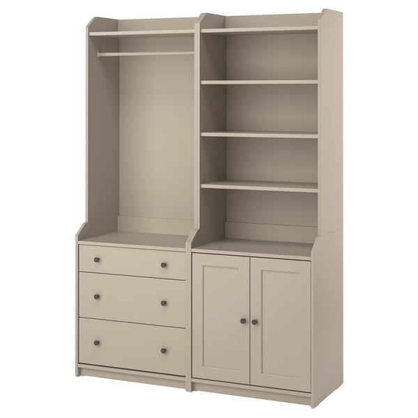 Ikea HAUGA furniture in beige, combining open and closed storage units with drawers and shelves.