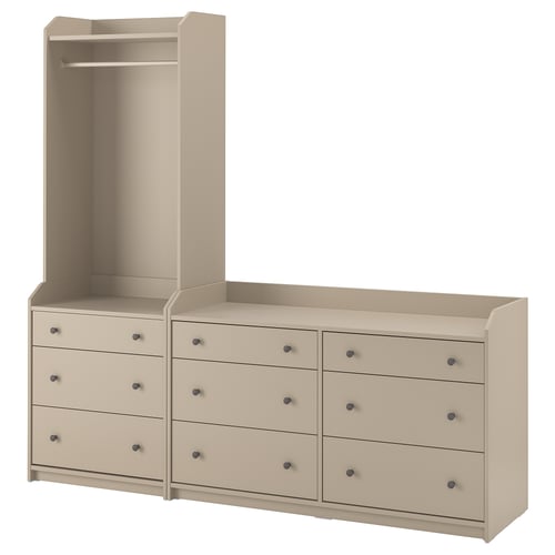 A beige HAUGA dresser with 6 drawers and an open wardrobe with 3 drawers, made from particleboard and fiberboard, designed for storage and display.