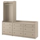 A beige HAUGA dresser with 6 drawers and an open wardrobe with 3 drawers, made from particleboard and fiberboard, designed for storage and display.