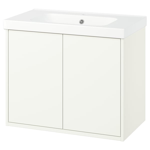White HAVBÄCK bathroom vanity with sink. Modern design, wall-mount option, rectangular shape.